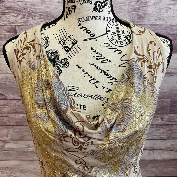 Baby Phat Tan/Gold/Studded 'Seductive Dream' Open Back Mini Halter Dress NWOT - Picture 4 of 12